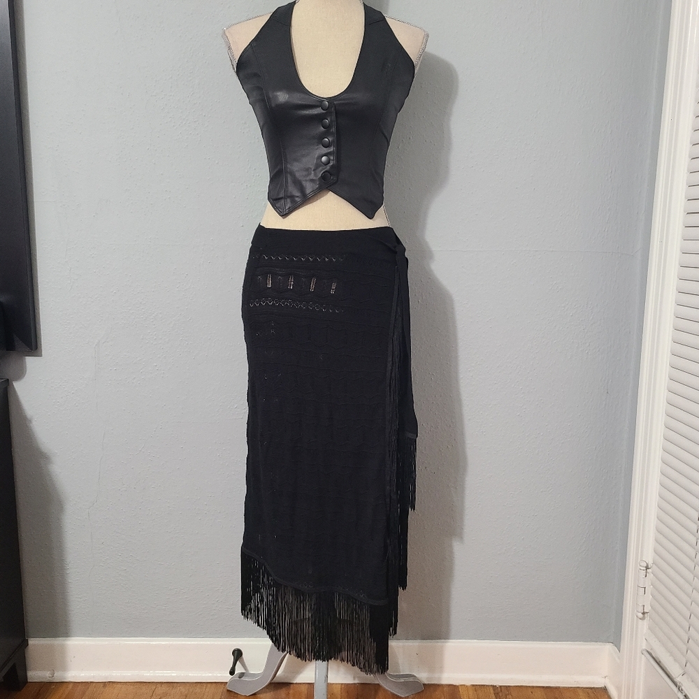 Lovers and Friends Fringe Knit Coverup Midi Wrap Skirt Black NWT XS
